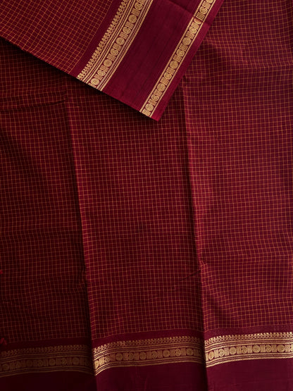 Maroon Kanchi cotton saree in kattam pattern