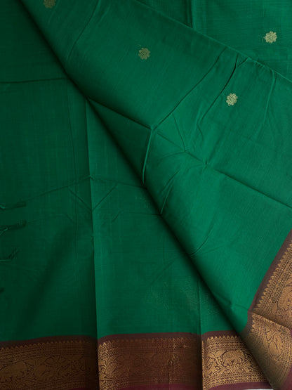 Kanchi cotton saree with zari butta weaves & zari pallu green