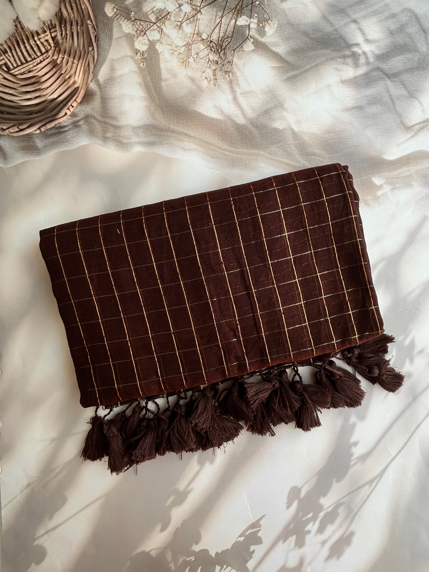 Brown Mul mul saree in zari checks