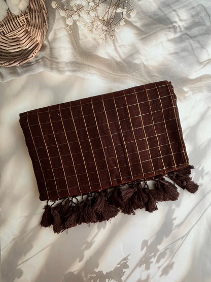 Brown Mul mul saree in zari checks