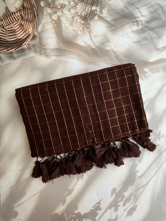 Brown Mul mul saree in zari checks