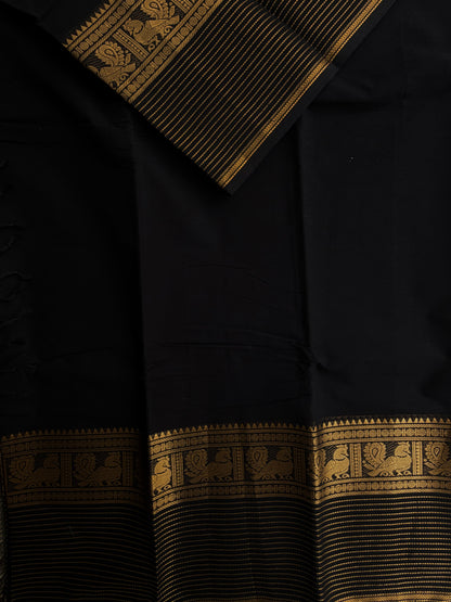 Black Kanchi cotton saree with zari lines border