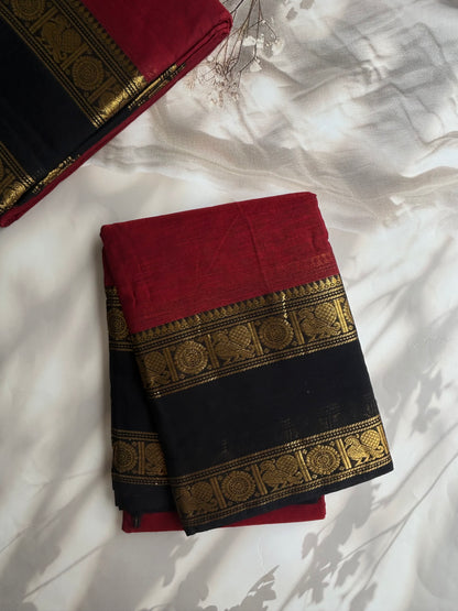 Kanchi cotton saree with zari weaves maroon with black border