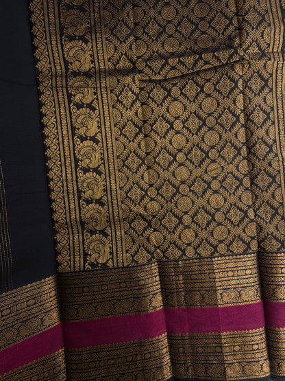Kanchi cotton saree in Vairaoosi pattern zari butta weaves & grand pallu black
