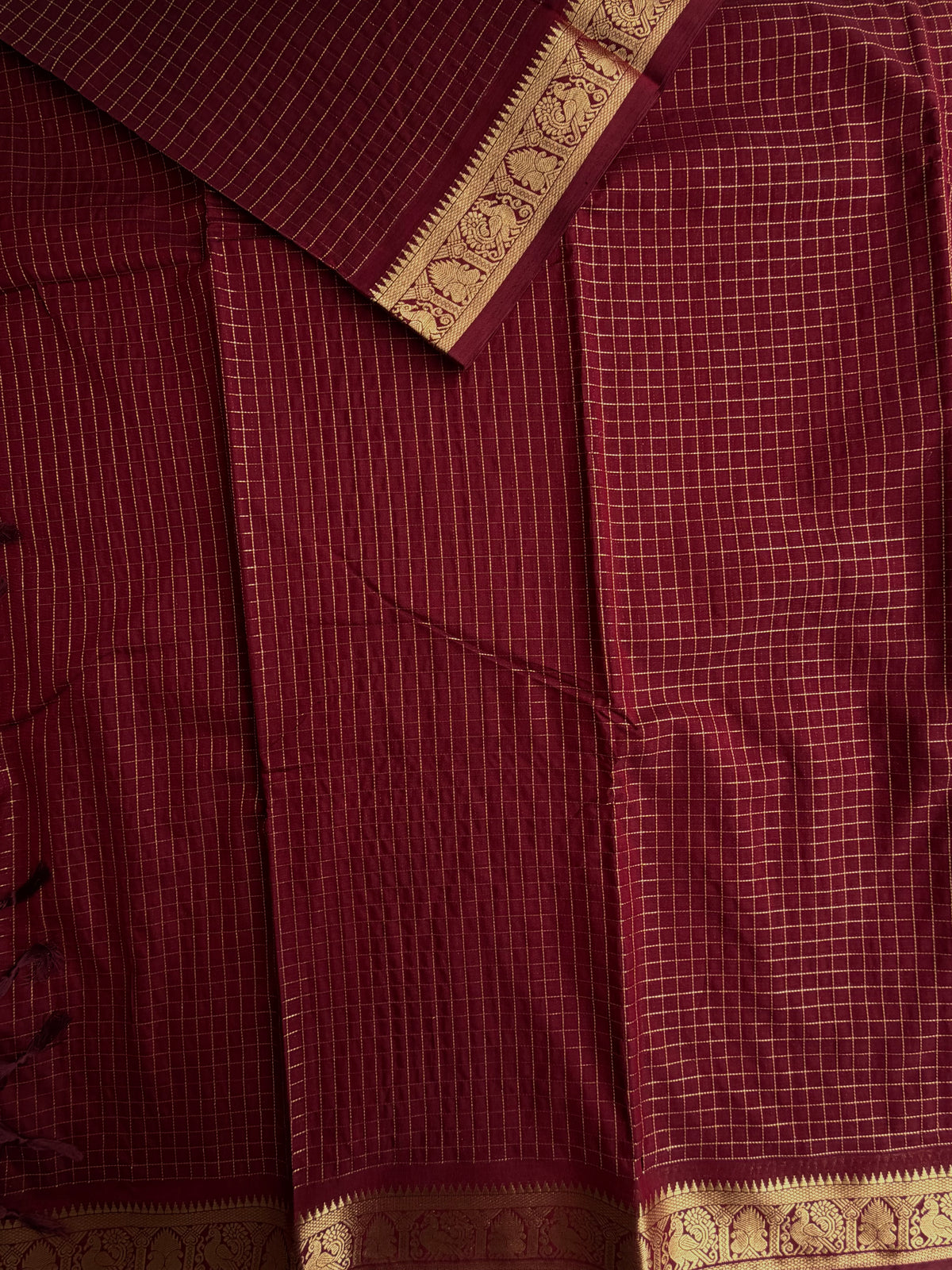 120 count mercerized Kanchi cotton with zari kattam & grand pallu - maroon