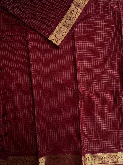 120 count mercerized Kanchi cotton with zari kattam & grand pallu - maroon
