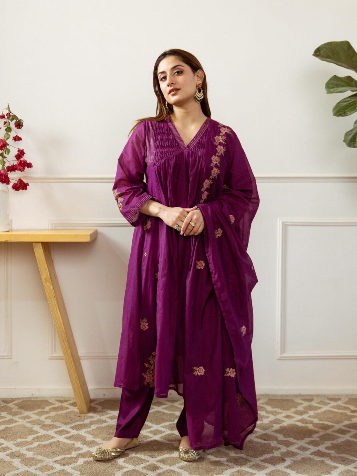 Mul Chanderi kurta set embroidered