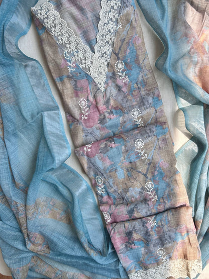 Unstitched Linen suit set with laces