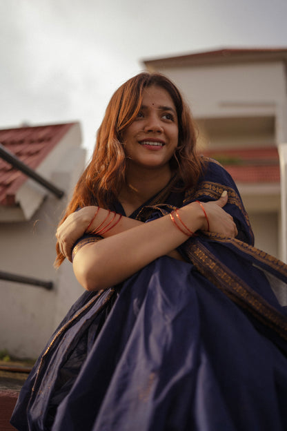 Blue Kanchi cotton saree with zari border