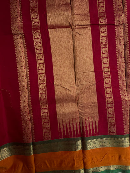 120 Mercerized Kanchi cotton saree with zari butta weaves & grand pallu