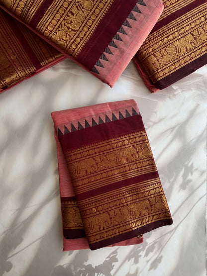 Kanchi cotton saree with rettapett border - peach with brown border