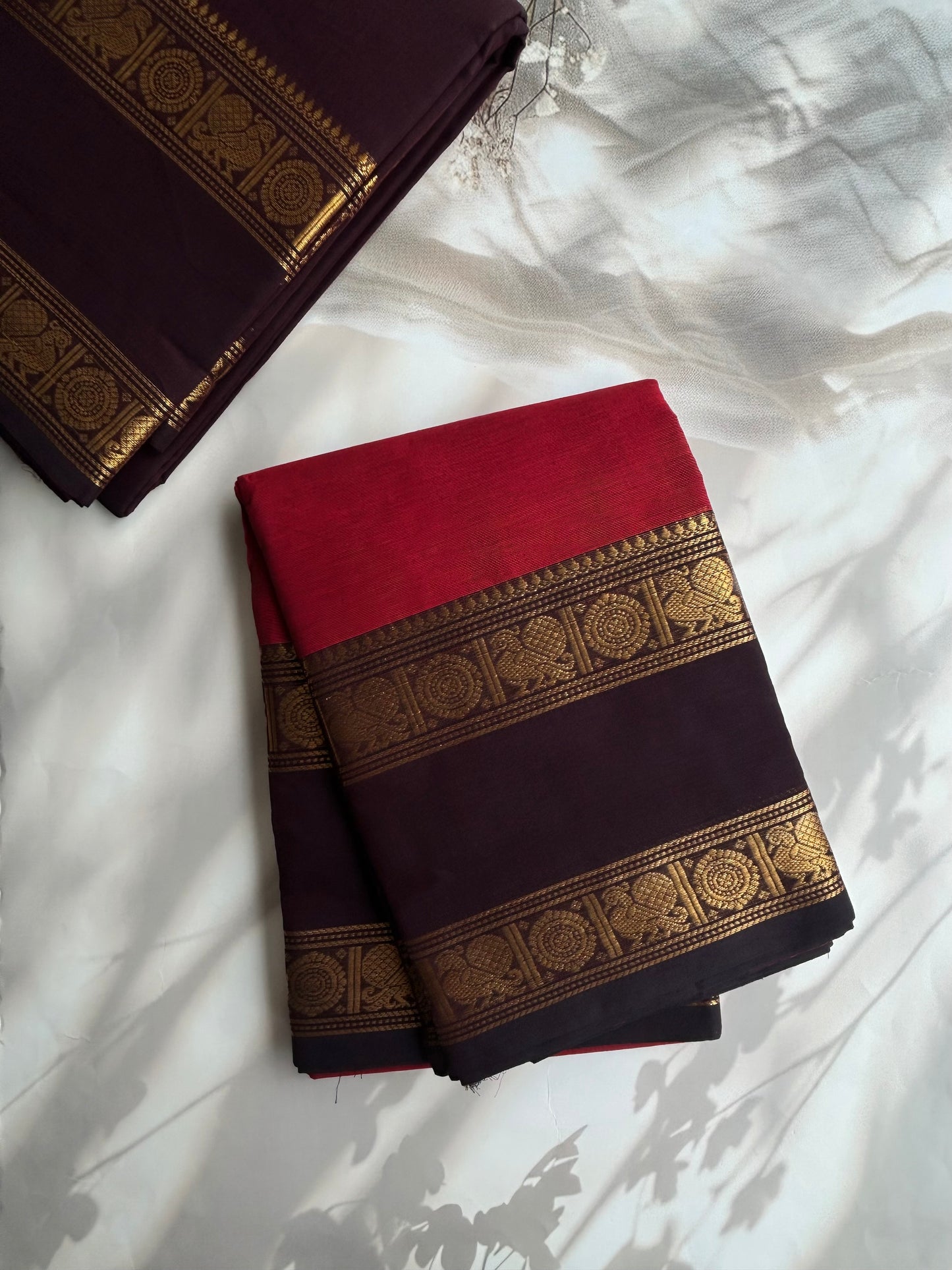 Kanchi cotton saree with zari weaves deep red with brown border