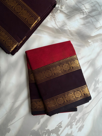 Kanchi cotton saree with zari weaves deep red with brown border