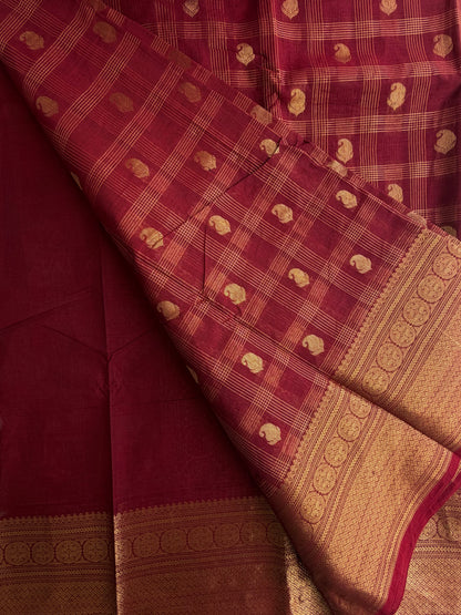 Kanchi cotton saree in checks & butta weaves & grand pallu maroon