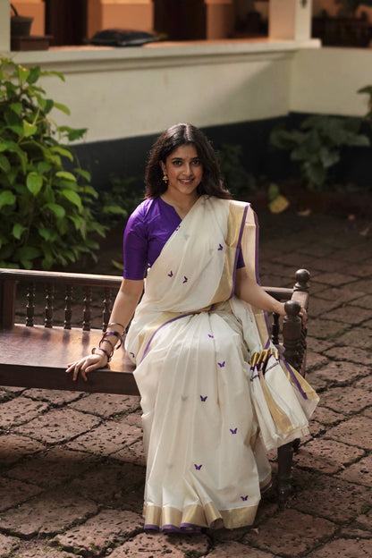 Kasavu saree in embroidery - Russian violet