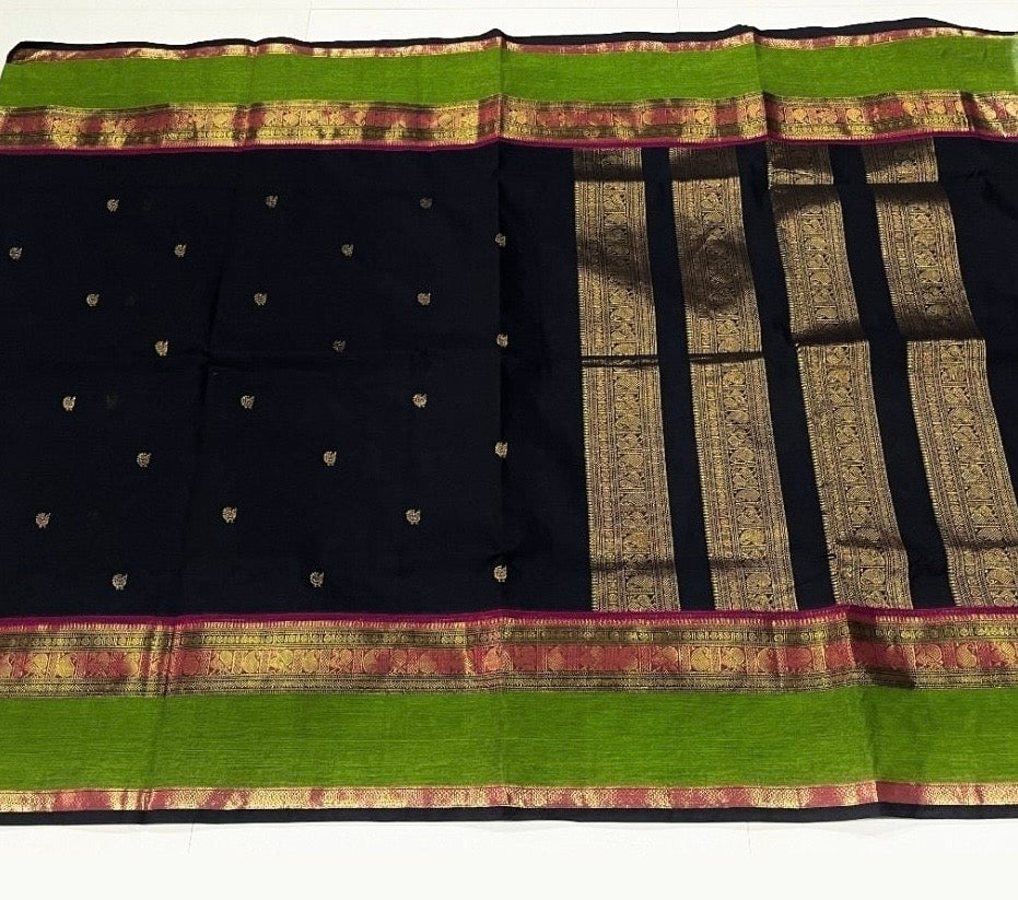 Black Kanchi cotton with annam zari butta weaves & grand pallu