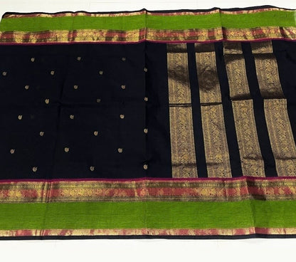 Black Kanchi cotton with annam zari butta weaves & grand pallu