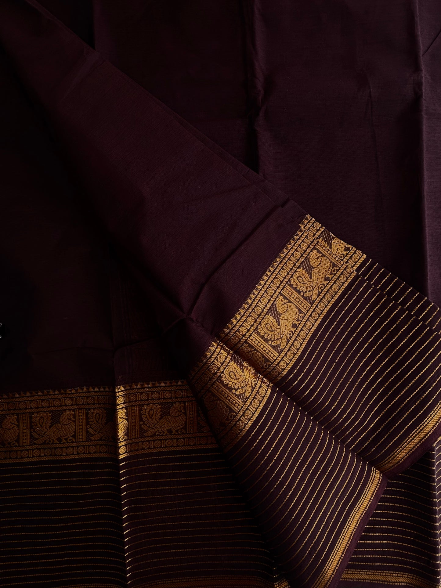Brown Kanchi cotton saree with zari lines border