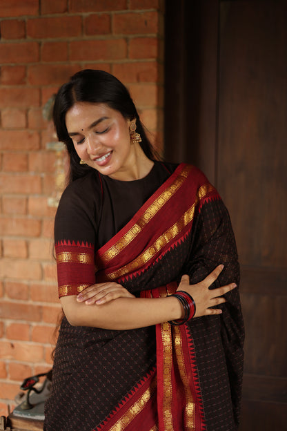 Kanchi cotton saree with korvai border black & maroon
