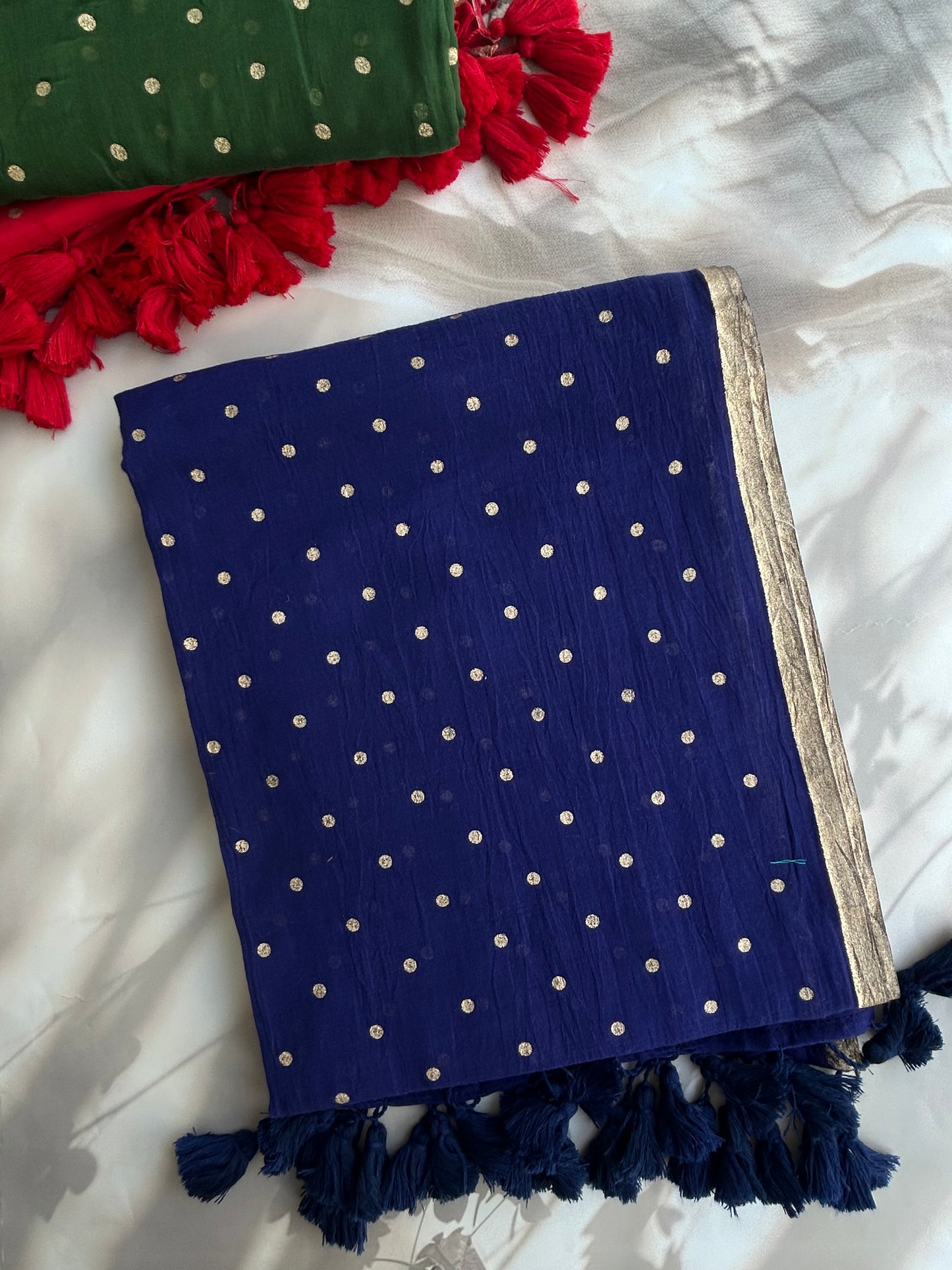 Blue Mul mul saree in golden polka dots