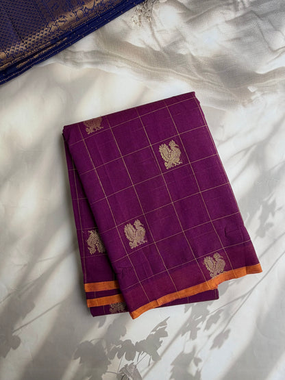 Kanchi cotton saree with premium zari checks & butta weaves with grand pallu