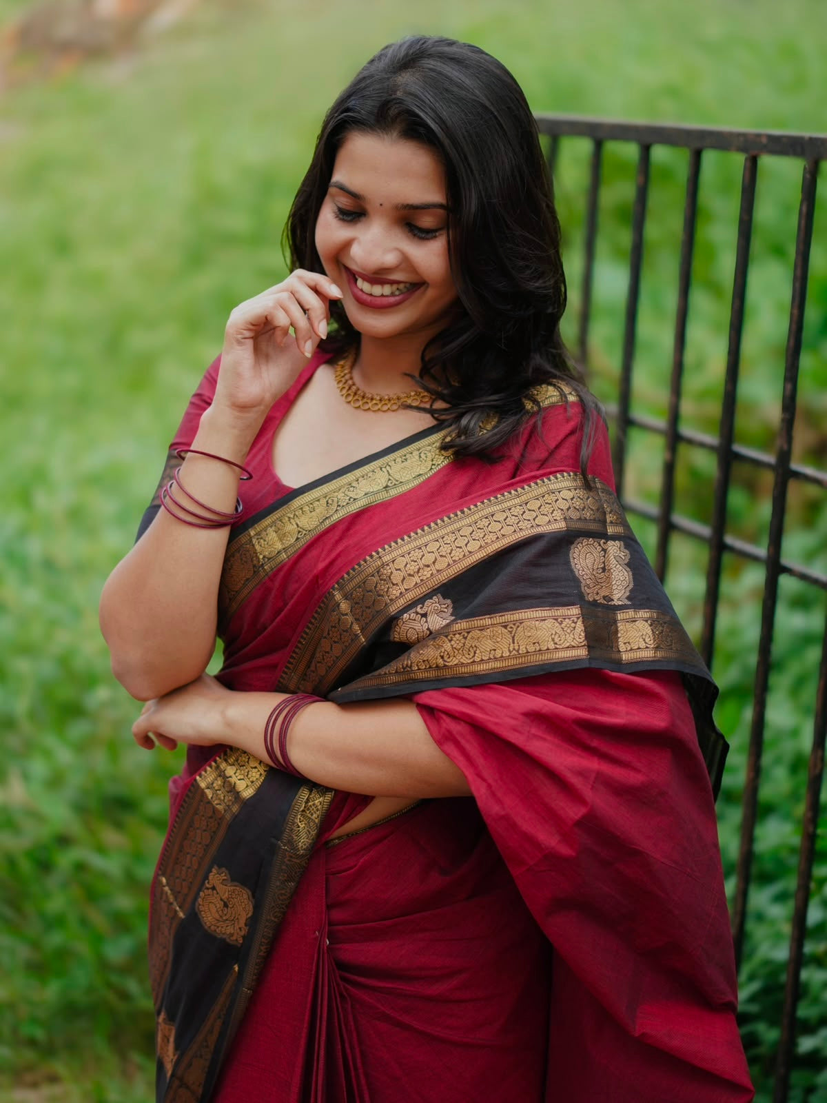 Kanchi cotton saree with zari weaves - maroon with black border