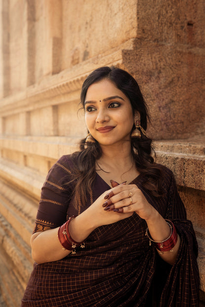 Sungudi cotton saree in checks - brown