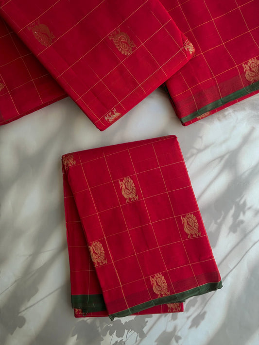 Kanchi cotton with premium zari weaves red with green border