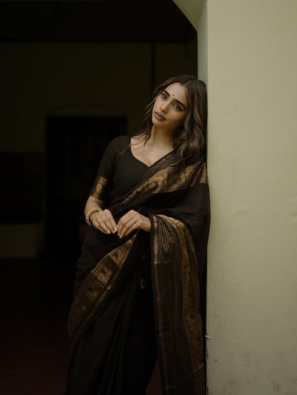 Black Kanchi cotton saree with zari lines border