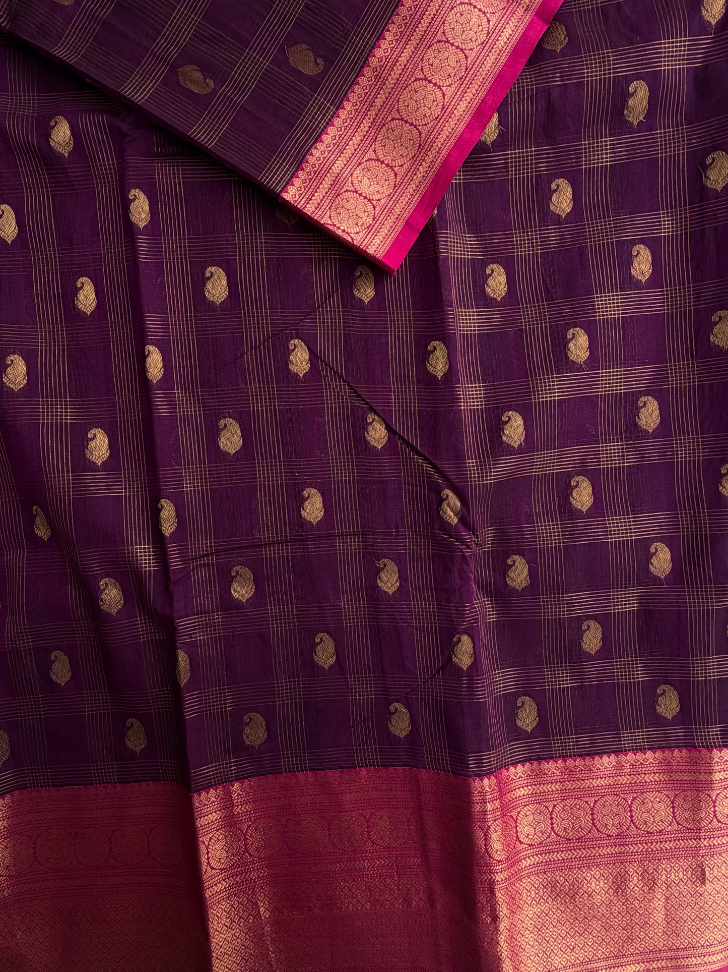 Kanchi cotton saree with zari checks & butta weaves & grand pallu