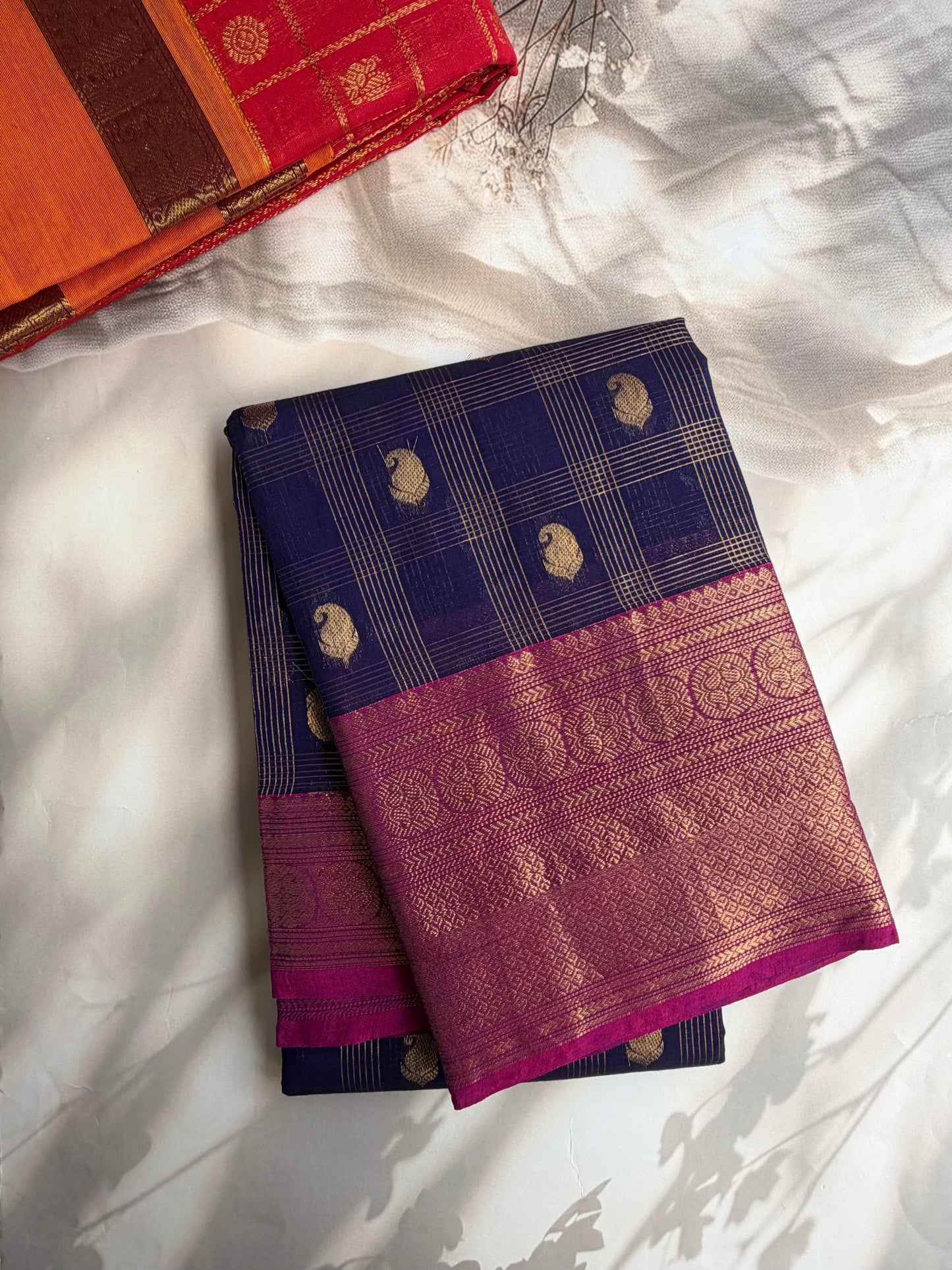 Kanchi cotton saree in checks & butta weaves & grand pallu
