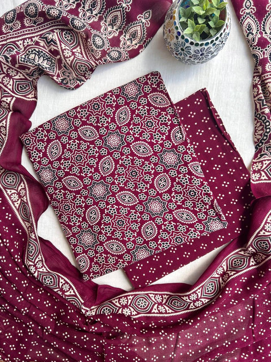 Unstitched Ajrakh printed rayon set
