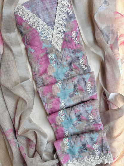 Unstitched Linen suit set with laces