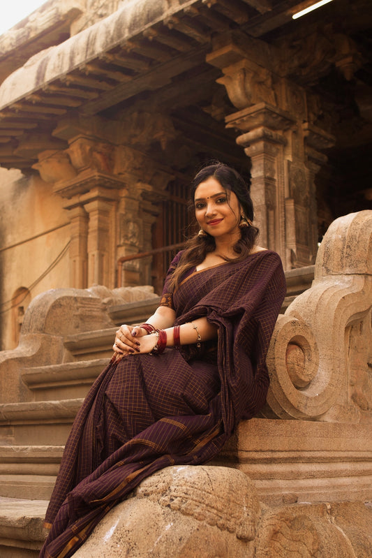 Sungudi cotton saree in checks - brown