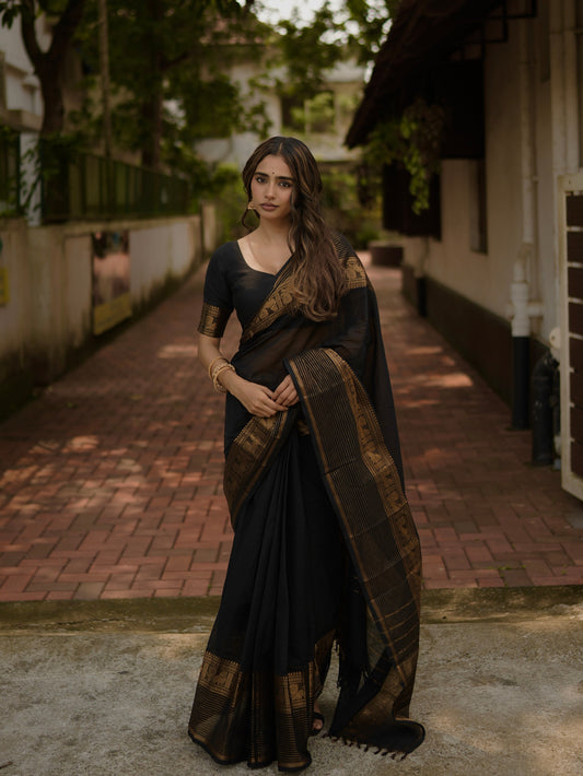 Black Kanchi cotton saree with zari lines border