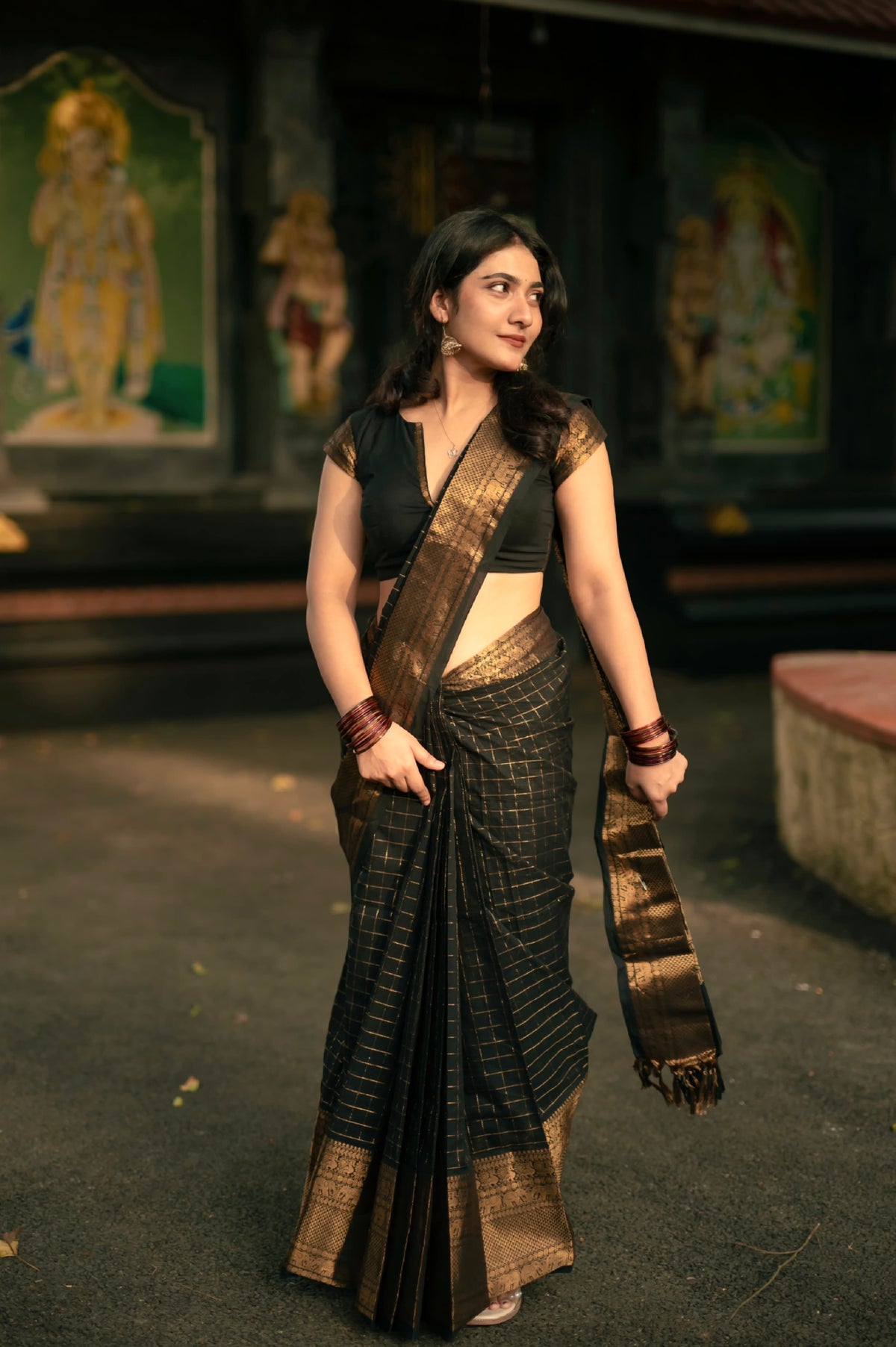 Black Kanchi cotton saree in kattam weaves & grand pallu