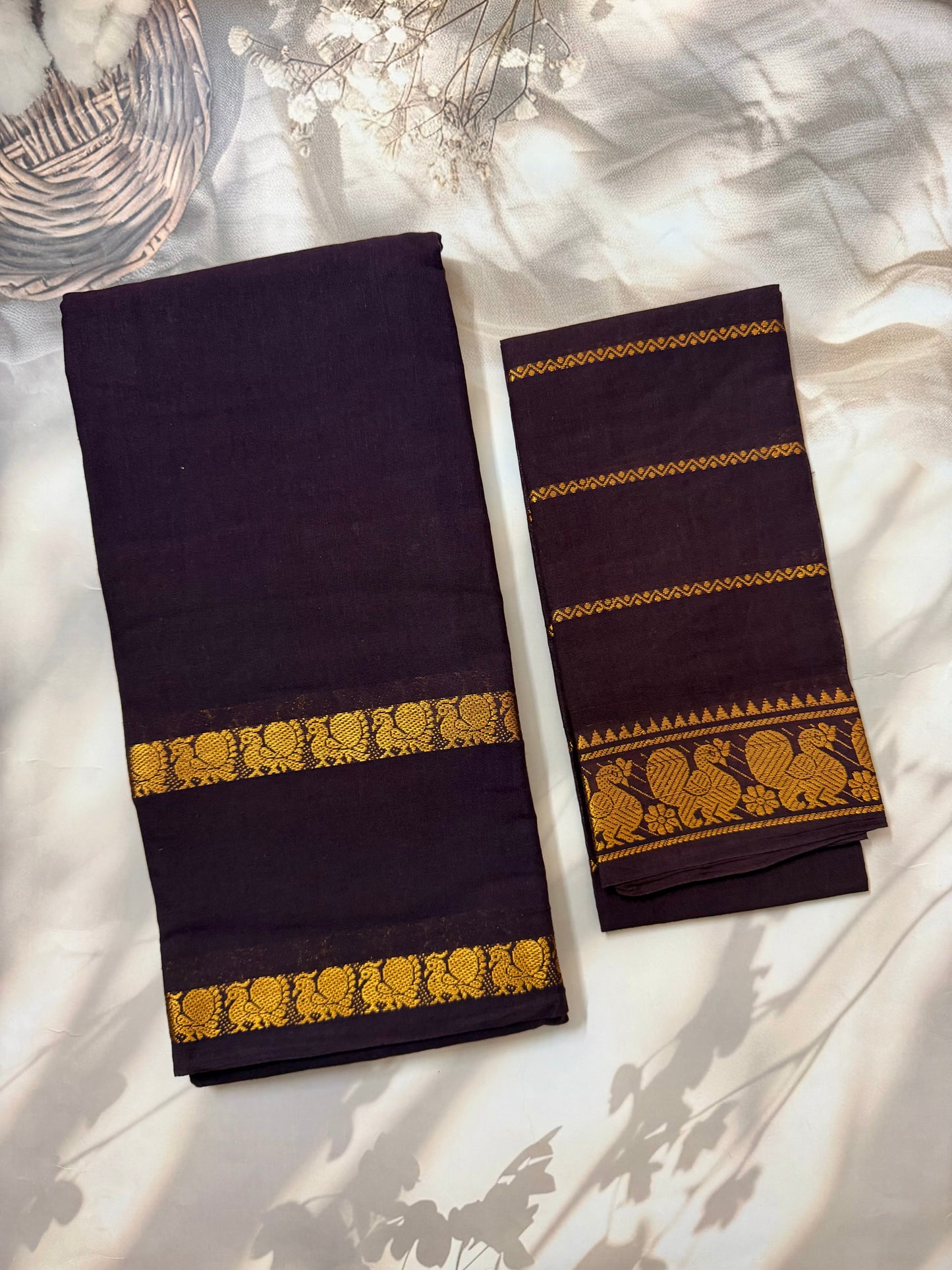 Sungudi Cotton saree with peacock border brown