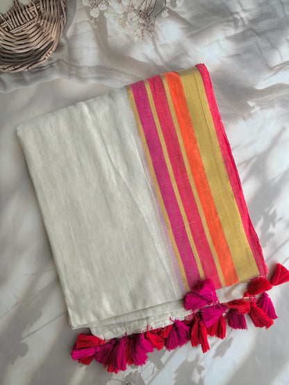Off white Mul mul saree with zari borders