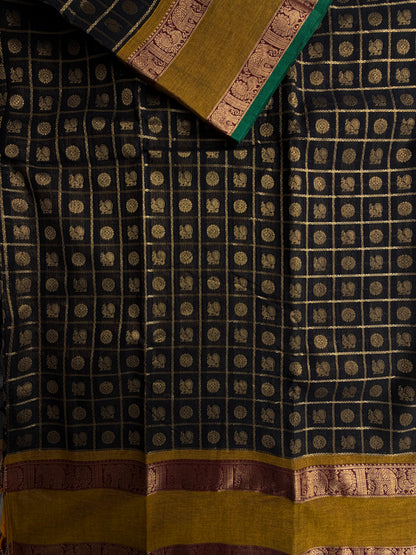 Kanchi cotton saree in zari check & butta weaves in black with a grand pallu