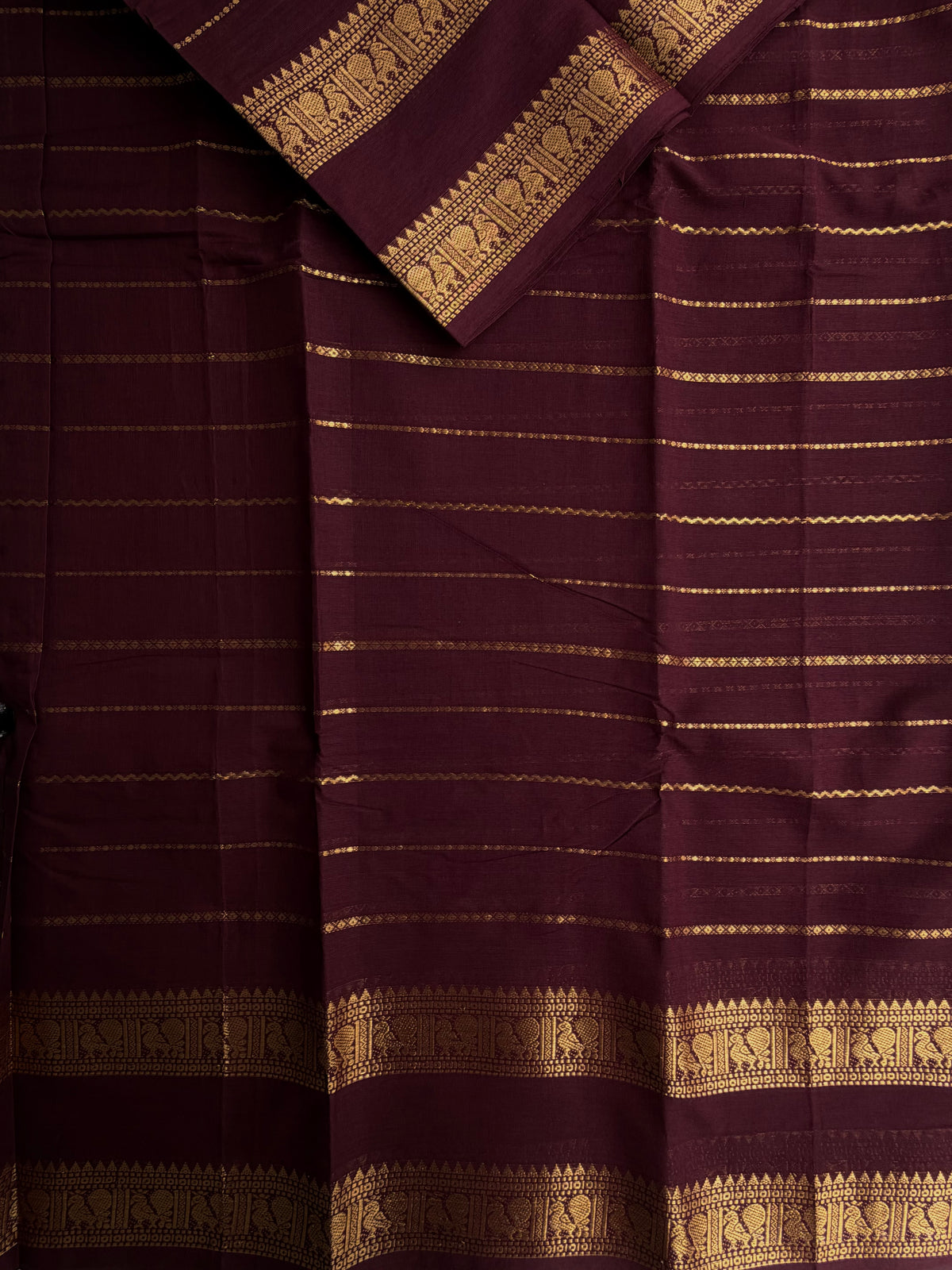 Kanchi cotton saree in Velthari pattern zari weaves brown