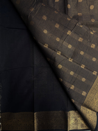 Kanchi cotton saree in mini kattam & butta weaves & grand pallu black