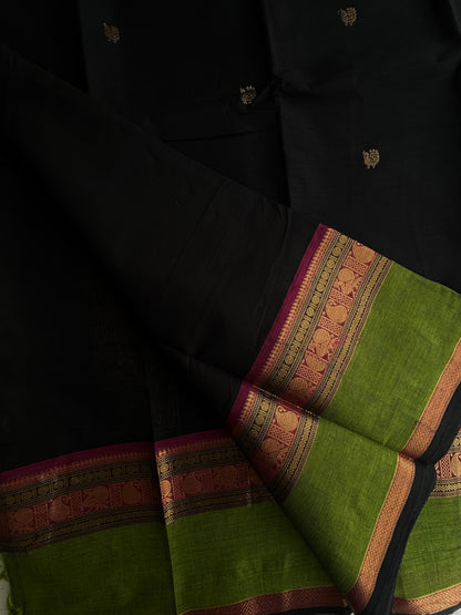 Black Kanchi cotton with annam zari butta weaves & grand pallu