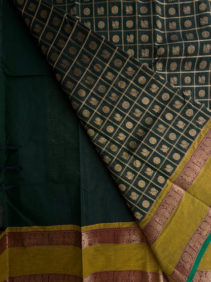 Kanchi cotton saree in 1000 buttas & zari check weaves with grand pallu Green