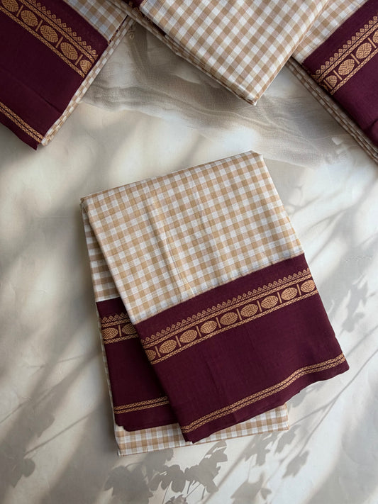 Kanchi cotton saree with kattam weaves beige with maroon border