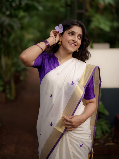 Kasavu saree in embroidery - Russian violet