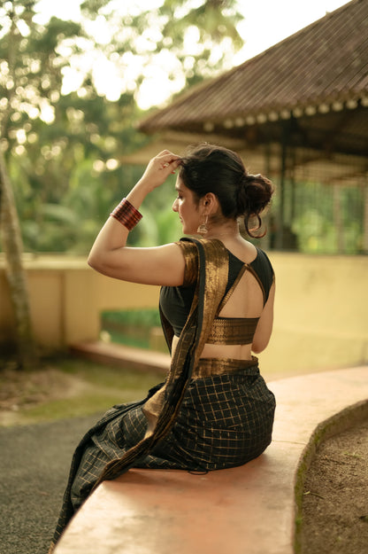 Black Kanchi cotton saree in kattam weaves & grand pallu
