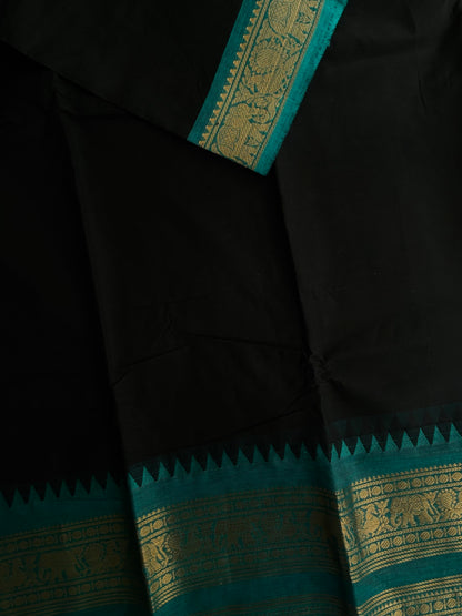 Kanchi cotton saree black with blue rettapett border