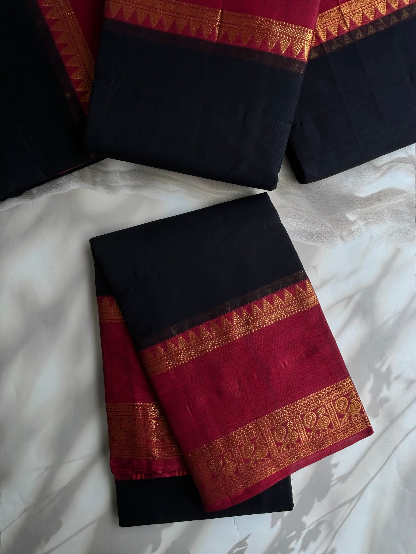 Kanchi cotton saree with zari border - black & maroon