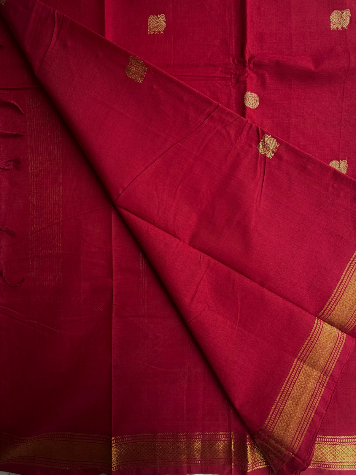 Red Kanchi cotton saree with annam zari butta weaves & zari pallu