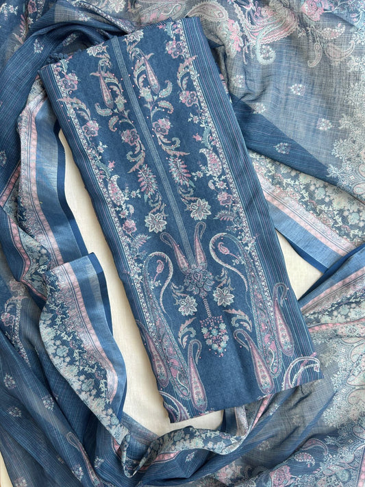 Unstitched Linen dress material set with laces